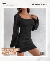 Vestido ajustado elegante y sexy con cuello cuadrado, mangas largas abullonadas de retazos de malla y corte ajustado fruncido para mujer - details 0