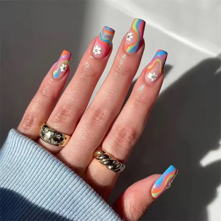 Juego de 24 piezas de uñas postizas ovaladas con dibujos animados, adornos de uñas postizas acrílicas, cobertura total de uñas postizas para oficina y fiestas - 1