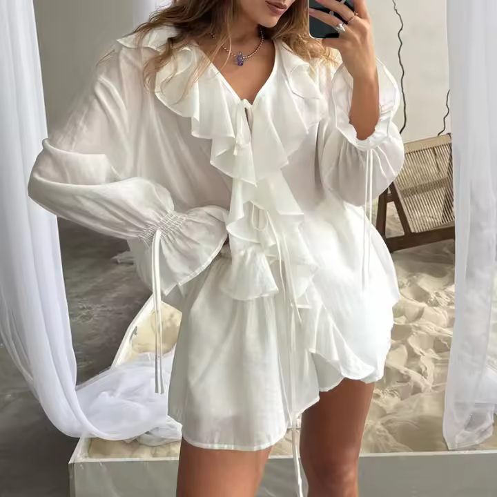 Conjunto casual de moda con volantes Design Sense, primavera verano, nuevo cárdigan con lazo, top y shorts, ropa de mujer - 1