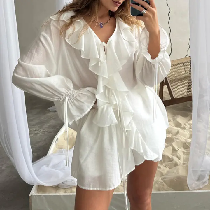 Conjunto casual de moda con volantes Design Sense, primavera verano, nuevo cárdigan con lazo, top y shorts, ropa de mujer - 1