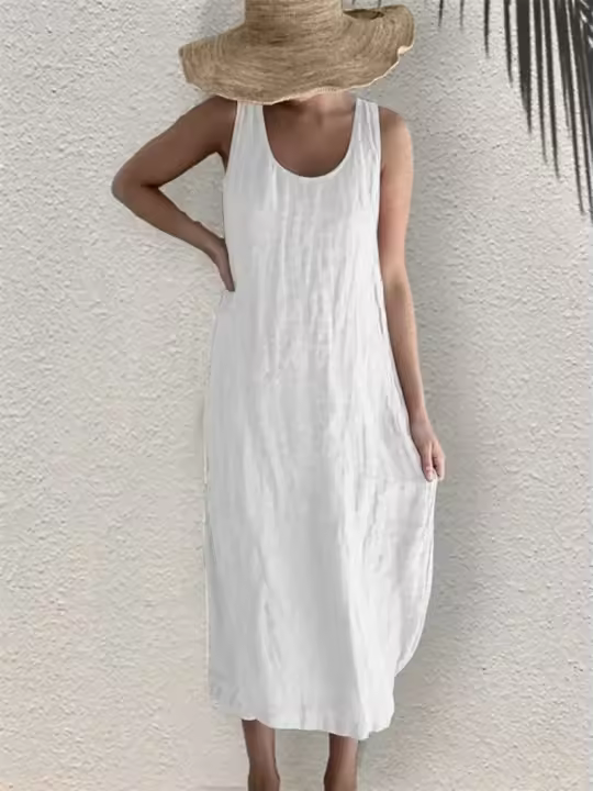 Vestido de verano 2024 para mujer de algodón y lino Vestido sin mangas con cuello redondo y bolsillos laterales - 1