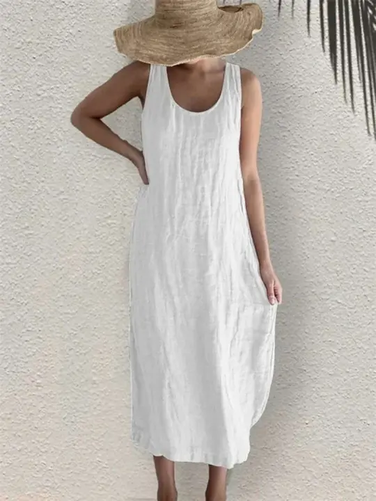 Vestido de verano 2024 para mujer de algodón y lino Vestido sin mangas con cuello redondo y bolsillos laterales - 1