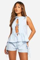 Conjunto de Moda de Cuadros Azules Verano Top de Cuerda con Lazo de Encaje sin Mangas y Shorts Cortos Desechados Conjunto Casual para Mujeres - details 1