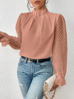 Jersey elegante de Cuello medio alto para mujer, de Color sólido Camisa de gasa, blusa de manga larga con volantes ondulados, Tops sueltos informales para mujer, novedad - details 19