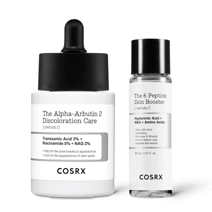 COSRX Spotless Glow Duo - 2% Alfa Arbutina Cuidado de la decoloración facial 1.7 + Suero potenciador de la piel con péptidos 6X en miniatura 1 fl.oz - 1
