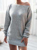Vestido suéter ose de manga g para mujer con cuello oblicuo, minivestido de punto informal, color sólido, - details 5