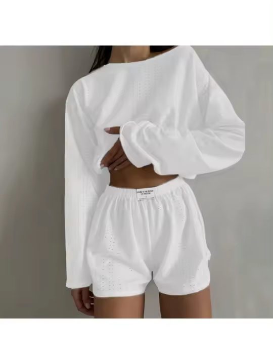 Conjunto de Pantalones Cortos Informales para Mujer Tops de Manga Larga con Cuello Redondo - 1