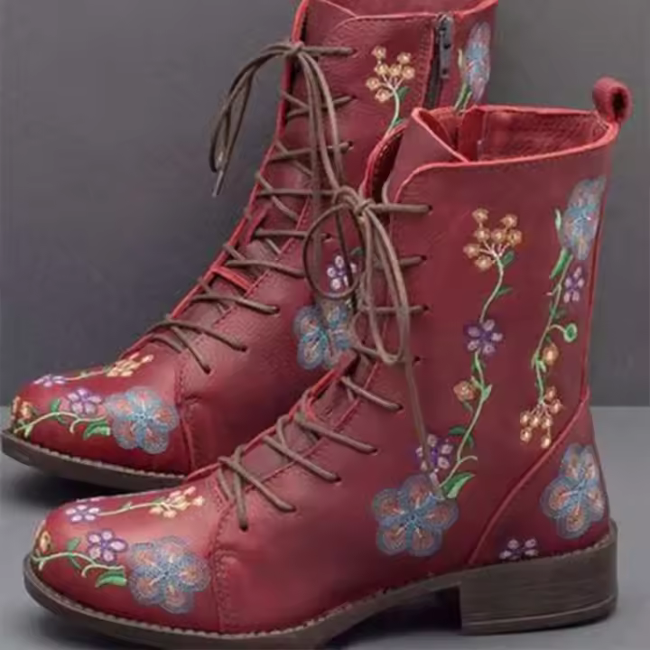 2025 Botas Martin bordadas con estampado retro para mujer, tacón cuadrado, colores combinados, botas individuales, Ethni - 1