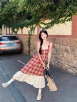 Dos vestidos camisola de encaje a cuadros falsos, estilo de vacaciones junto al mar de verano para mujer, sentido del diseño, falda larga de nicho - details 9