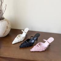 Nuevo temperamento puntiagudo rosa bolsa cabeza media zapatillas mujer malla encaje stiletto tacones altos - details 36