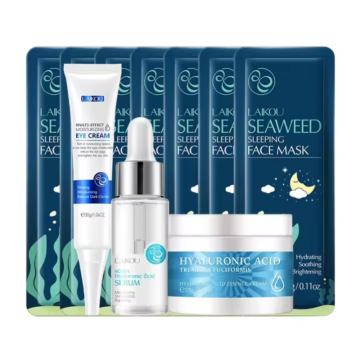 LAIKOU-Juego de cuidado de la piel facial hidratante, crema de colágeno con esencia de algas marinas, suero, mascarilla para dormir y crema para ojos, traje de maquillaje de belleza - 1