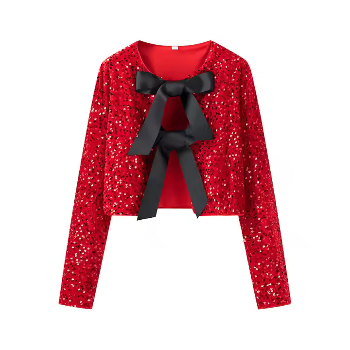 - Top de otoño nt para mujer, camisa de manga larga redonda, lazo de lentejuelas, decoración femenina, moda urbana - 1