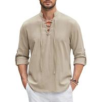 Camisa renacentista para hombre, top vikingo Medieval pirata, camisas de lino y algodón, disfraz de Halloween de manga larga para hombre - details 0
