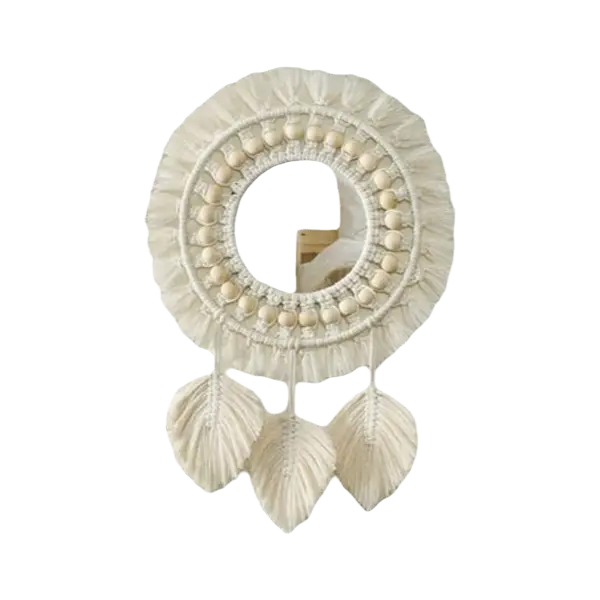 Espejo de pared bohemio Rame con colgante de plumas con flecos y cuentas de madera (Beige) - 1
