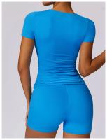 Conjunto de Yoga Sin Costuras para Mujer 2 Piezas Traje de Gimnasio con Top Corto de Manga Corta y Shorts para Correr Ropa Deportiva Activa Material Exterior de Nylon - details 3