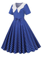 Vestido midi elegante informal para mujer con lunares, cuello Peter Pan, cintura alta y corte en A - details 6