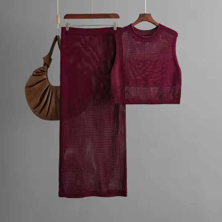 Chaqueta sin mangas de punto de 2 piezas para mujer, elegante, delgada, primavera/verano, falda abierta de cintura alta - 1
