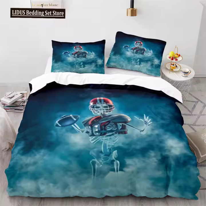 Juego de funda nórdica de fútbol americano, funda de edredón para jugador de Rugby deportivo 3D, juego de cama de poliéster para jugador de fútbol con calavera para chico - 1