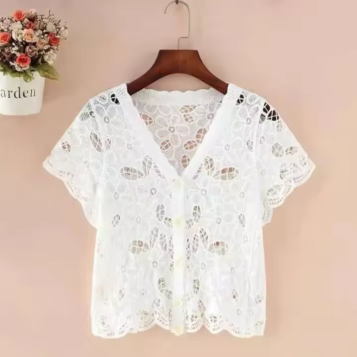 Tops Y2k de moda coreana de punto Ence para mujer, cárdigan de manga corta con cuello en V, chaqueta hueca, novedad de verano - 1