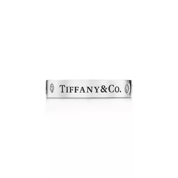ΤΙΦΑΝΗ ™ ΤΙΦΑΝΗ&CO. ®   Anillo de banda en oro de 18 quilates/platino con diamantes brillantes redondos anchos, adornado con el logotipo de ΤΙFFANY - 1
