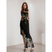 BUNO-vestido largo Irregular con estampado Floral, elegante, con volantes, estético, de malla, con tirantes finos, moda Vintage para mujer - details 2