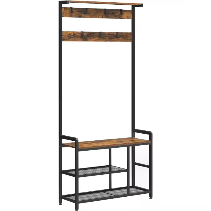 Perchero con Banco para, con 7 Ganchos, Estantes, para Entrada, Dormitorio, Marco de Acero, Estilo Industrial, Marrón Rústico y Negro HSR088B01 - 1