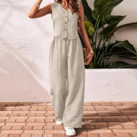 Conjunto casual de lino nuevo para mujer, chaleco con cuello en V, top sin mangas con botones frontales y pantalones largos. - details 5
