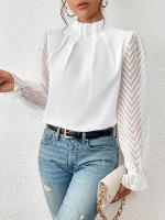 Jersey elegante de Cuello medio alto para mujer, de Color sólido Camisa de gasa, blusa de manga larga con volantes ondulados, Tops sueltos informales para mujer, novedad - details 12