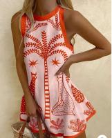 Verano cuello redondo suelto tanque elegante vacaciones bohemio Mini Vestidos moda patrón impreso sin mangas vestido de mujer Vestidos - details 0