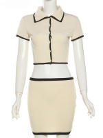 Conjunto de 2 piezas acanalado para mujer, Top corto con cuello tipo Polo y botones y minifaldas, ropa de calle elástica elegante - details 5