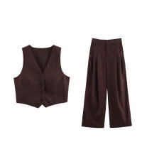 Conjunto de Pantalones Cortos para Mujer OUWU Top de Pecho Liso, Chaleco Ajustado con Cuello en V, Pantalones Rectos Plisados de Cintura Alta Nuevo Look de Primavera - details 3