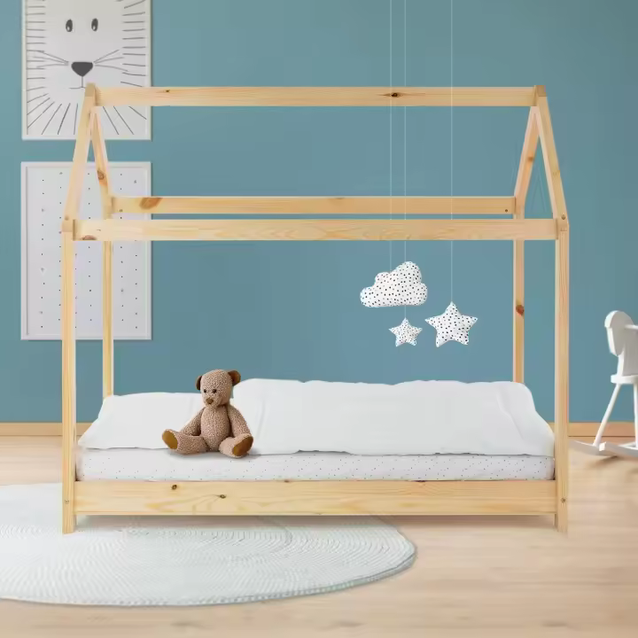 Cama Infantil 80x160cm con Techo y Somier Estructura Listones de Madera de Pino Maciza Color Blanco Forma de Casita Diseño Creativo Mueble de Dormitorio Mobiliario Casa-Cama para Niños - 1
