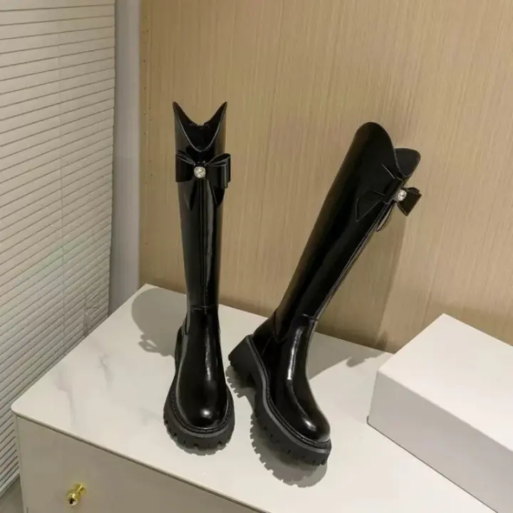 Botas de suela gruesa ajustadas para mujer, nuevo diseño estilo niño, arco, botas de caballero altas, 2024 - 1