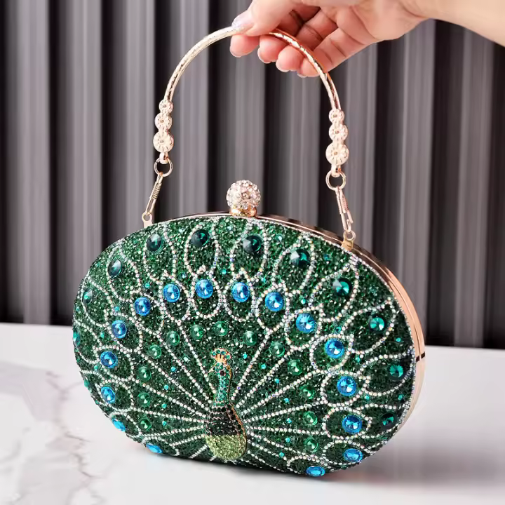 Nuevo bolso de cena con diamantes de pavo real, bolso de fiesta retro europeo y americano, bolso de vestir negro de gama alta - 1