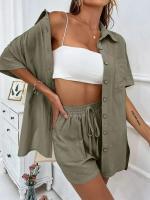 Conjunto de camisa de dos piezas de color sólido con pantalones cortos de moda para mujer, informal, suelto, manga corta, una sola fila - details 24