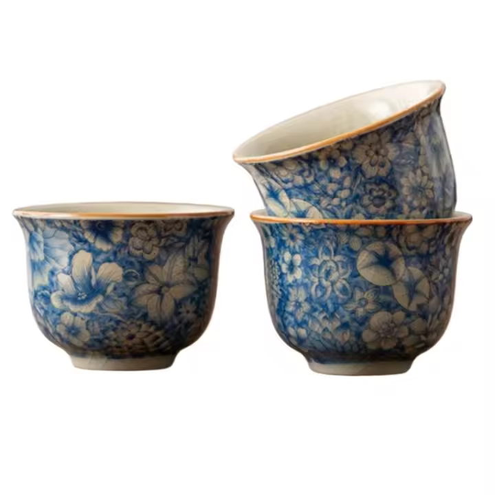Huangyun Ru Kiln Flower - Juego de té personal de cerámica para el hogar, taza individual azul y blanca - 1