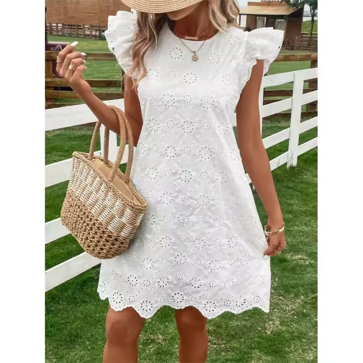 Vestido suelto de color sólido con ribete de encaje Station - 1