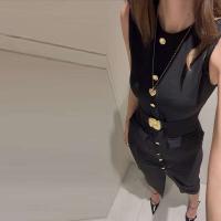 Vestidos elegantes lisos de un solo pecho con cuello redondo sin mangas y bolsillos vestido a media pierna ajustado para oficina para mujer verano 2025 - details 11