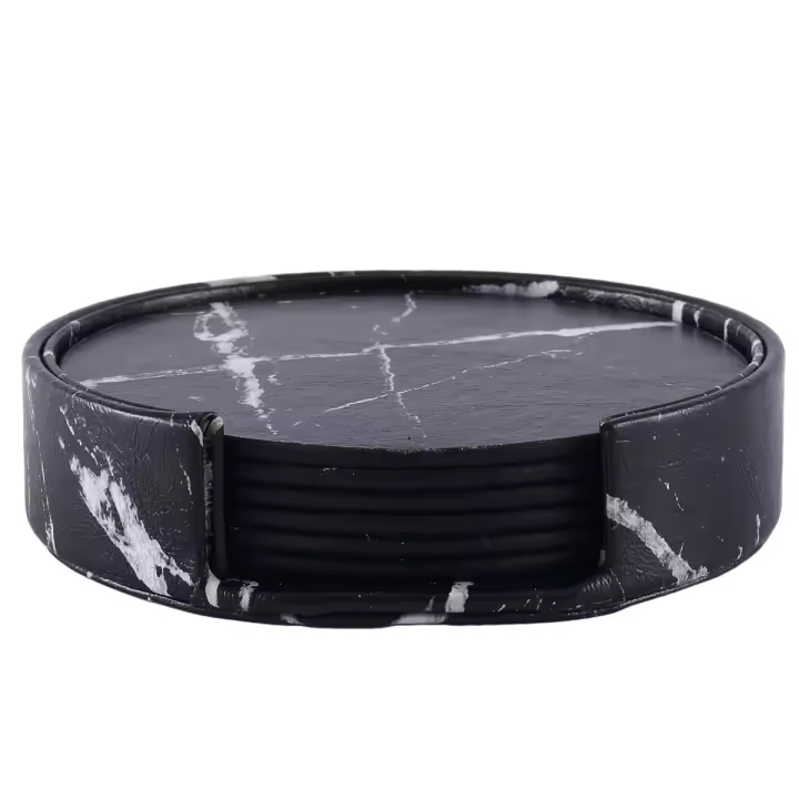 Posavasos para bebidas de 6 piezas con soporte, juego de alfombrillas redondas negras para uso doméstico y de cocina - 1