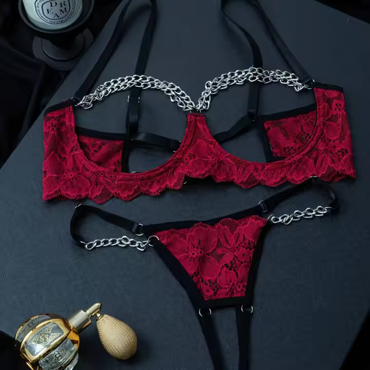 Conjunto de lencería de encaje floral erótico, sujetador abierto transparente y tanga con cadena, lencería sexy y ropa interior - 1