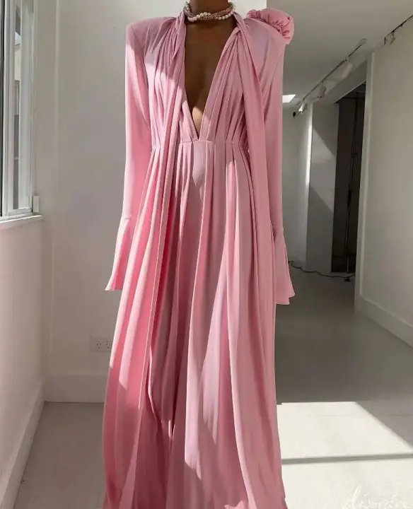 Nueva moda Retro ahueca hacia fuera el vestido ajustado de manga larga con cuello en V y cuello colgante para mujer - 1