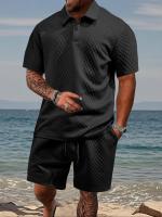 Conjunto de polo liso y pantalones cortos con cordón en la cintura para hombre, trajes de dos piezas cómodos y transpirables para uso diario al aire libre, ropa de hombre para el verano - details 3