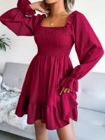 Vestido elegante de manga larga para mujer, falda de cuello cuadrado, de Color sólido vestido de volantes, moda de primavera y otoño - details 15