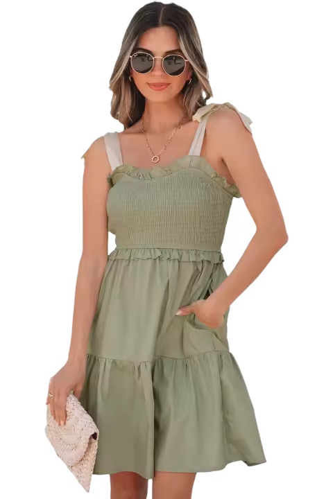 Elrachen Mini vestido con volantes y tirantes autolazados con corpiño fruncido para mujer, verde laurel, tallas S-XL - 1