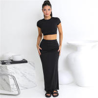BUNO-Conjunto de dos piezas de verano para mujer, color sólido, manga corta, color sólido, tops cortos y falda larga - details 10