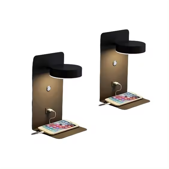 Aplique LED de interior con interruptor e interfaz USB, Lámpara de cabecera tricolor de 12W regulable, Negro - 1