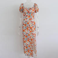 Vestido de mujer, novedad de verano 2025, vacaciones, pausa para el té, cuello cuadrado, falda de longitud media, mangas de burbuja, vestido con abertura Floral francés - details 10