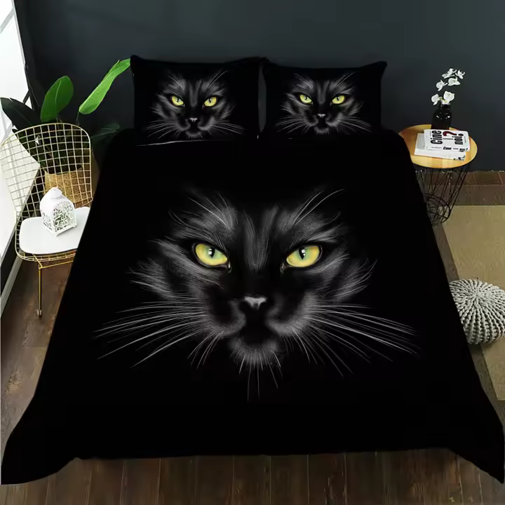 Juego de edredón de 3 uds con estampado de animales tamaño Queen, Gato, gato negro con ojos amarillos, juego de cama estampado para niñas y niños - 1