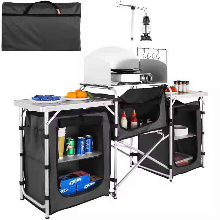 Cocina para Camping 174x176x46 cm Armario de Camping Plegable Portátil Estructura de Aluminio Altura Ajustable Mesa de cocina para acampar con Bolsa de Transporte para Barbacoa, Negro - 1