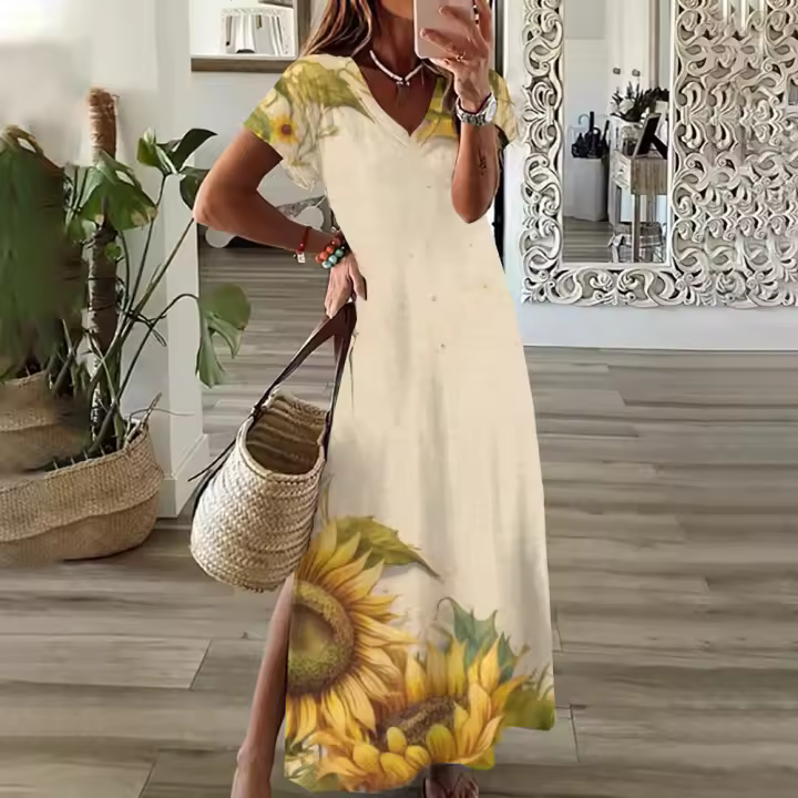 Elegante Vestido de Media Lengua Floral de Girasol Talla Grande para Mujeres Manga Corta - 1